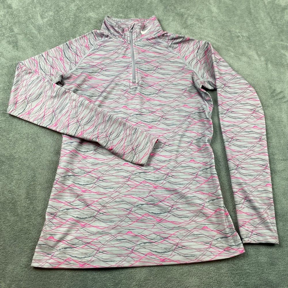 Nike Women M Quarter Zip Pullover Grey Pink Abstract Dri-FIT Pro Combat Top